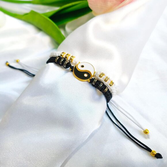 Yin Yang Couple Bracelets, 2 Matching Adjustable Cord Bracelets Long Distance... - Picture 3 of 6